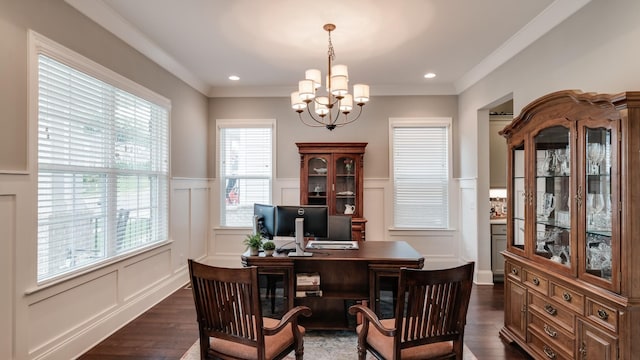 home office with ornamental molding, dark wood-type flooring, and an inviting chandelier