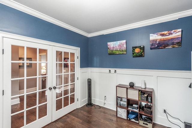 interior space with french doors, crown molding, and dark wood-type flooring