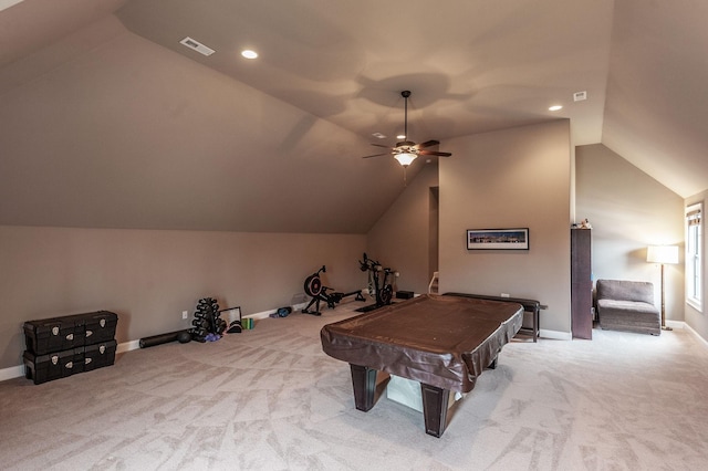 playroom with ceiling fan, light colored carpet, lofted ceiling, and billiards