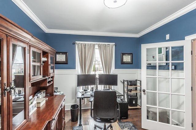 office area featuring crown molding, dark hardwood / wood-style flooring, and french doors