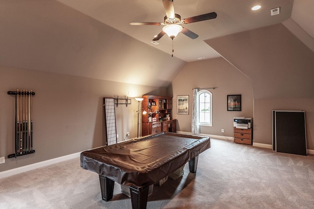 game room featuring light carpet, vaulted ceiling, billiards, and ceiling fan