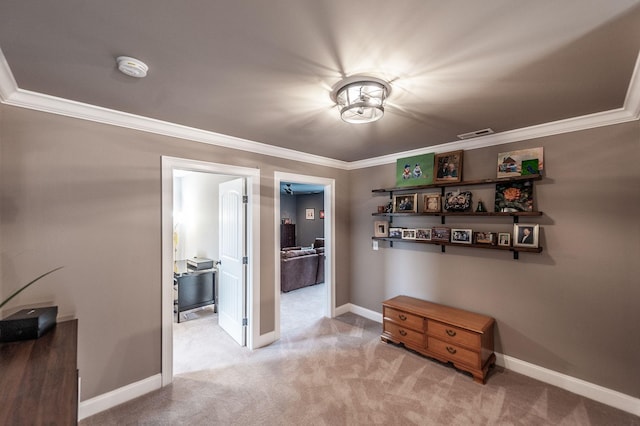 corridor with crown molding and carpet