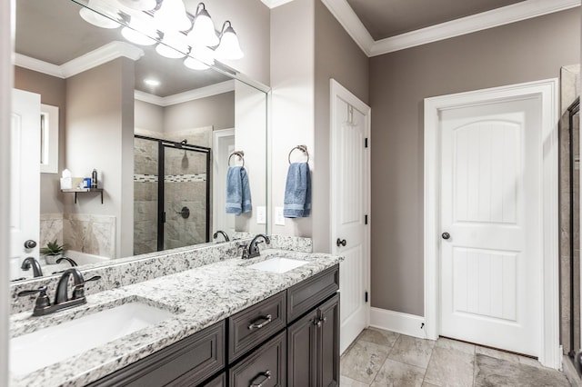 bathroom featuring vanity, ornamental molding, and plus walk in shower