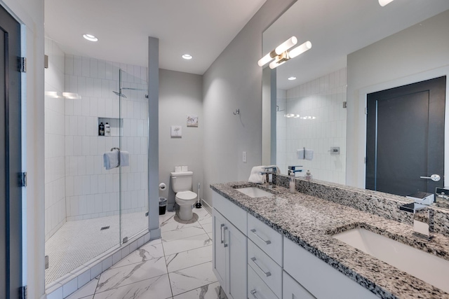 bathroom with vanity, a shower with door, and toilet