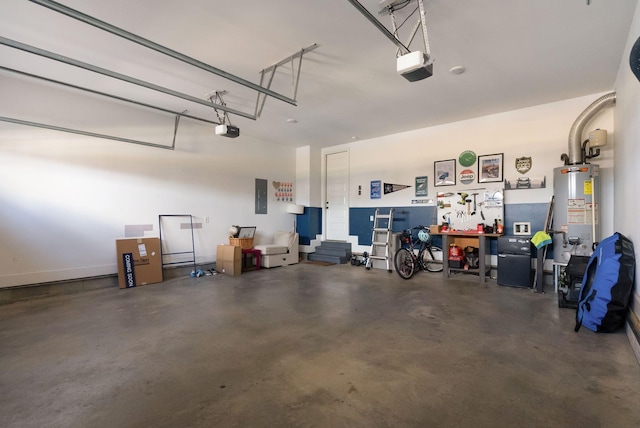 garage featuring a garage door opener, electric panel, and water heater