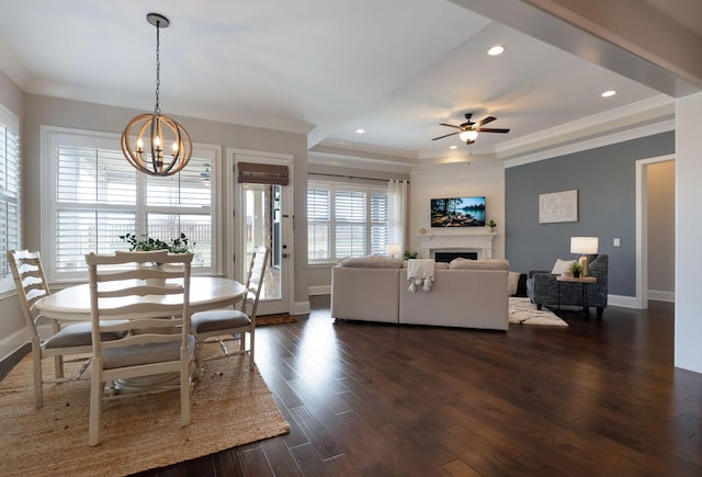 living room with a raised ceiling, crown molding, dark wood-type flooring, and ceiling fan with notable chandelier