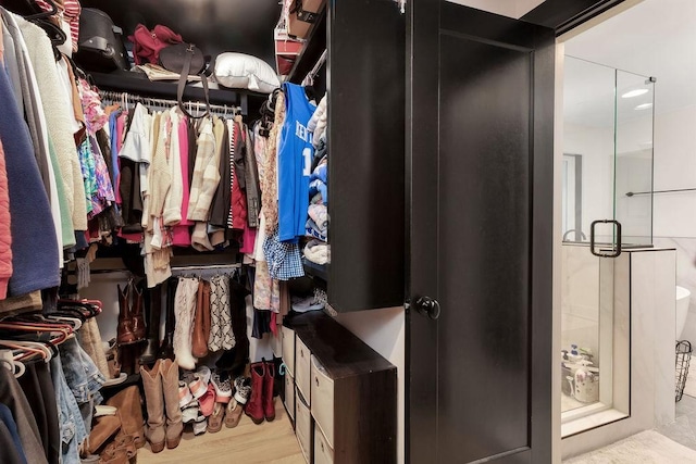 walk in closet with light wood-type flooring