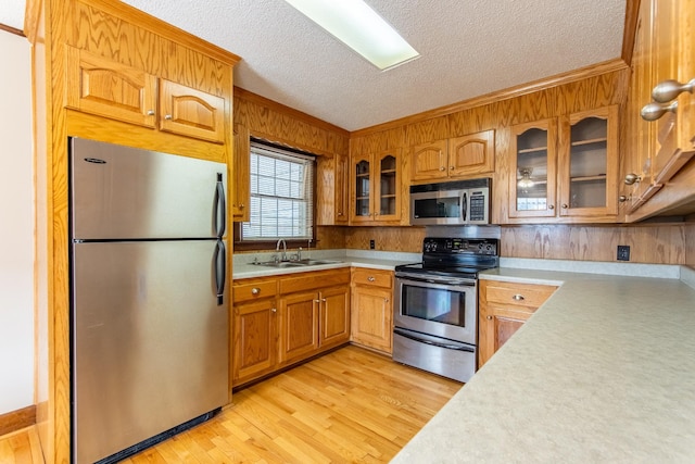 kitchen featuring sink, ornamental molding, stainless steel appliances, a textured ceiling, and light hardwood / wood-style flooring