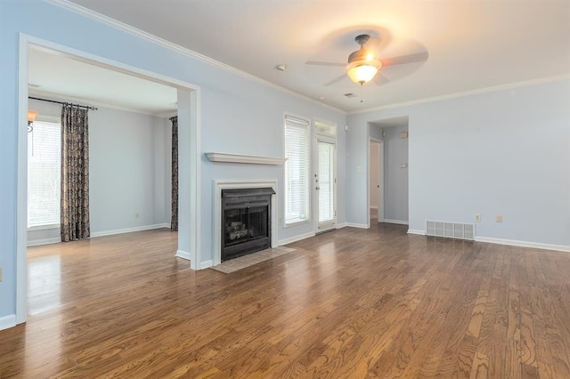 2958 Millers Pond Dr, Memphis, TN 38119 - unfurnished living room featuring wood-type flooring, ornamental molding, and ceiling fan