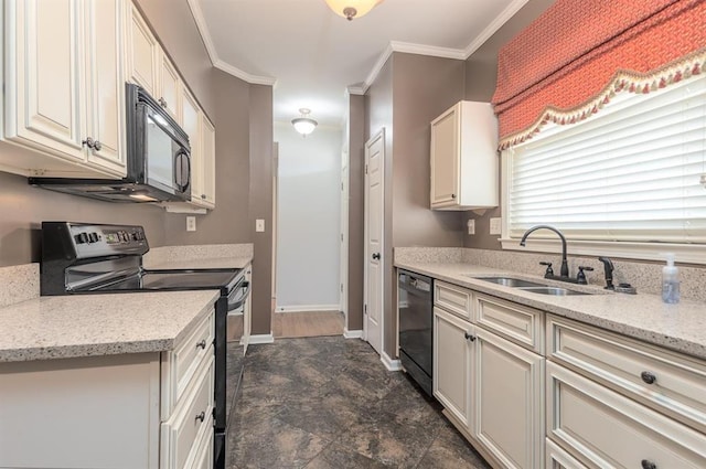2958 Millers Pond Dr, Memphis, TN 38119 - kitchen with sink, crown molding, black appliances, and light stone countertops