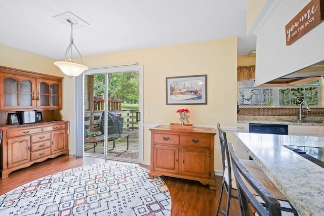 kitchen with hanging light fixtures, dishwasher, sink, and dark hardwood / wood-style floors