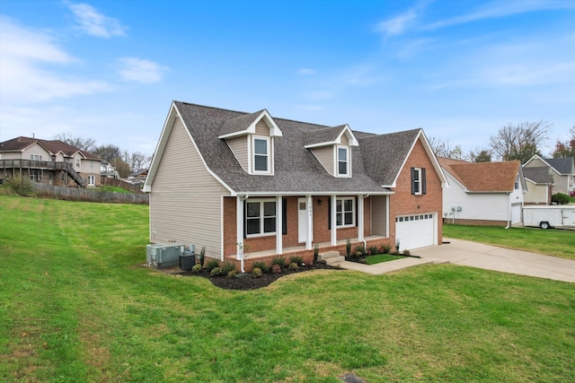 cape cod home with a garage, cooling unit, covered porch, and a front lawn