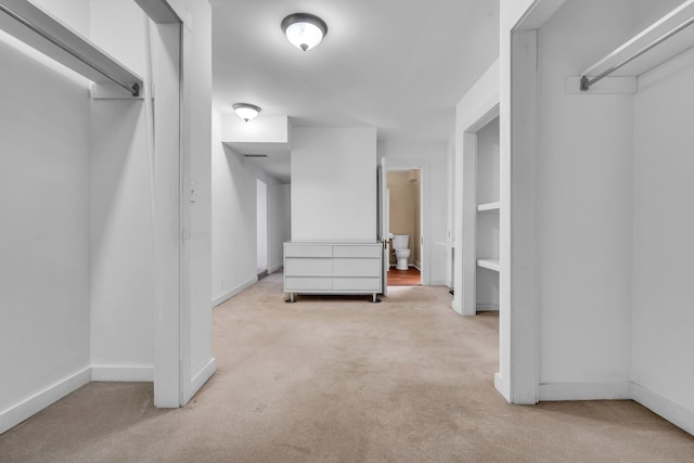 spacious closet featuring light colored carpet