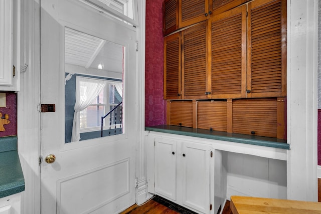 interior space with dark hardwood / wood-style floors and white cabinets