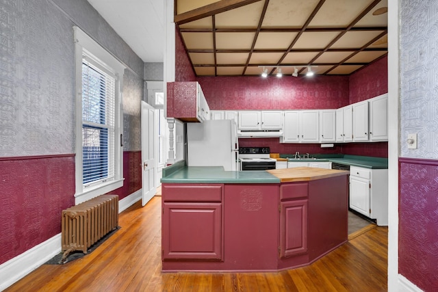 kitchen featuring white cabinetry, radiator, white fridge, and electric range