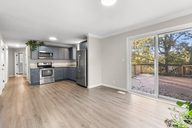 kitchen featuring gray cabinets, appliances with stainless steel finishes, light wood-type flooring, crown molding, and a textured ceiling