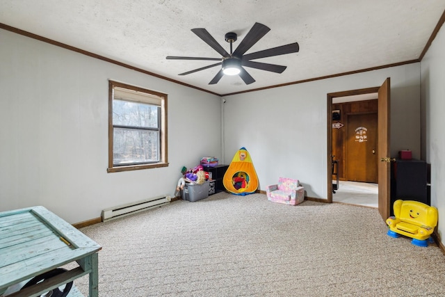 rec room with crown molding, a baseboard radiator, carpet flooring, and a textured ceiling