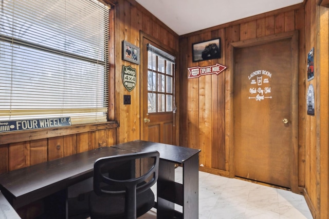 home office with wooden walls