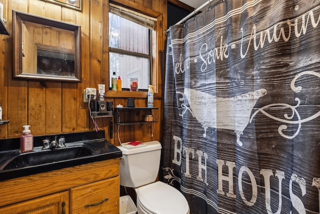 bathroom featuring vanity, wooden walls, and toilet