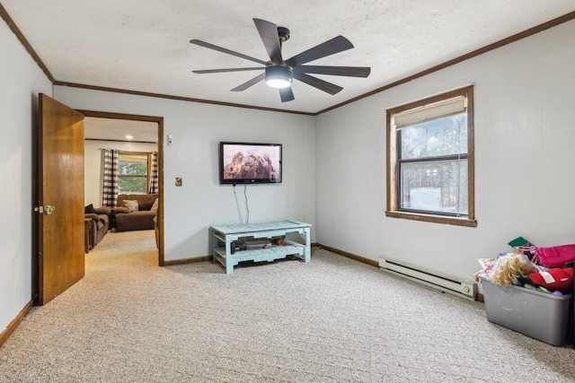 interior space with crown molding, a baseboard radiator, a textured ceiling, and carpet flooring