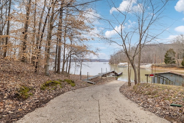 view of street with a water view