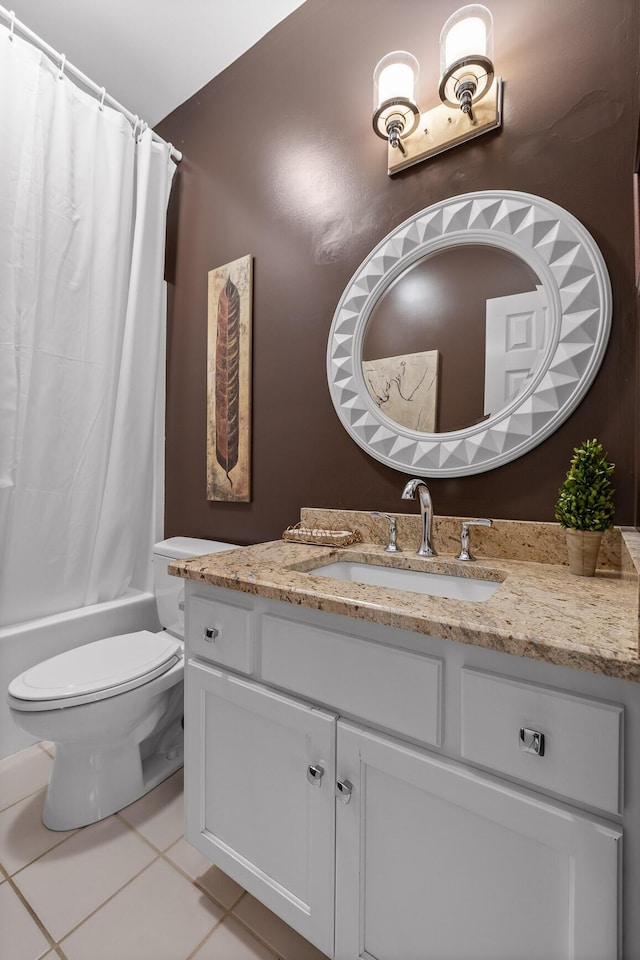 full bathroom with shower / tub combo, vanity, toilet, and tile patterned flooring