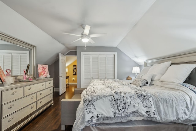 479 Elora Rd, Elora, TN 37328 - bedroom featuring a closet, vaulted ceiling, dark wood-type flooring, and a ceiling fan