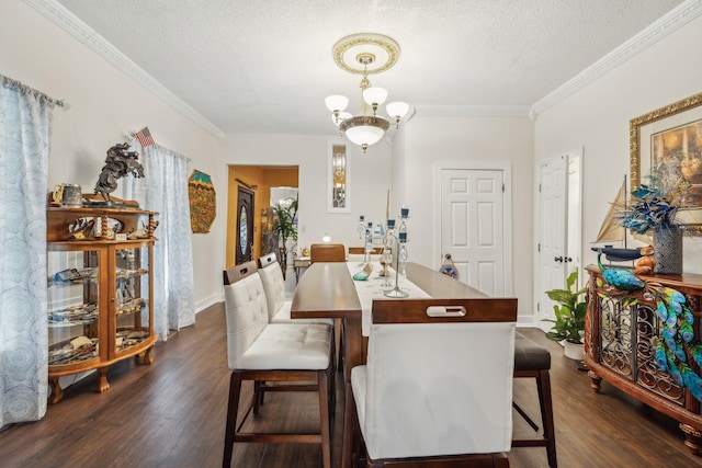 479 Elora Rd, Elora, TN 37328 - dining space featuring a chandelier, dark wood-type flooring, ornamental molding, a textured ceiling, and baseboards