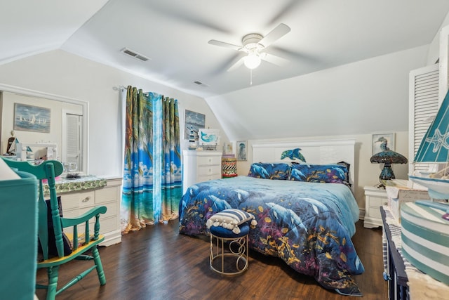 479 Elora Rd, Elora, TN 37328 - bedroom with vaulted ceiling, dark wood-style flooring, and a ceiling fan