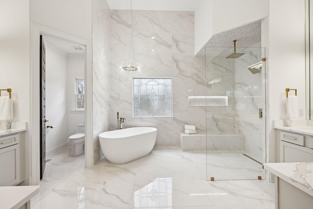 bathroom with a marble finish shower, a freestanding bath, and vanity