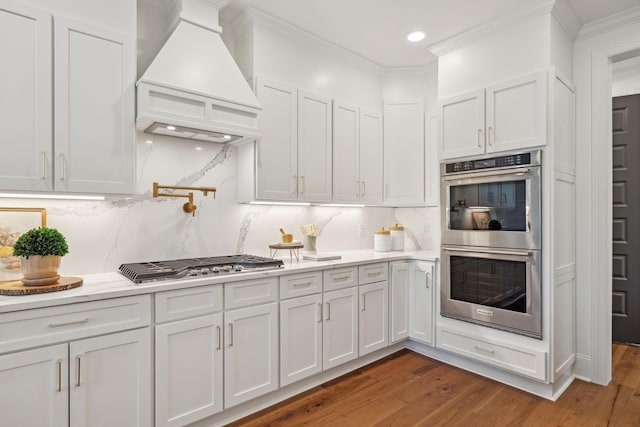 kitchen featuring white cabinets, decorative backsplash, custom range hood, appliances with stainless steel finishes, and dark wood-style flooring