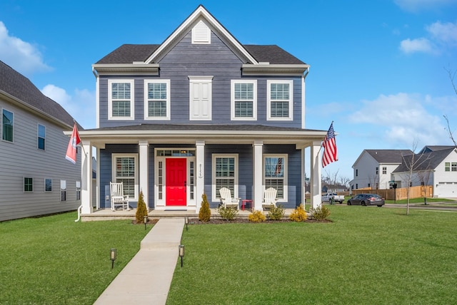 view of front of home featuring a front lawn and a porch