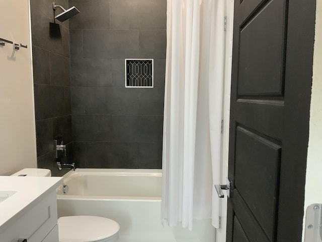 full bathroom with toilet, vanity, and shower / bathtub combination with curtain