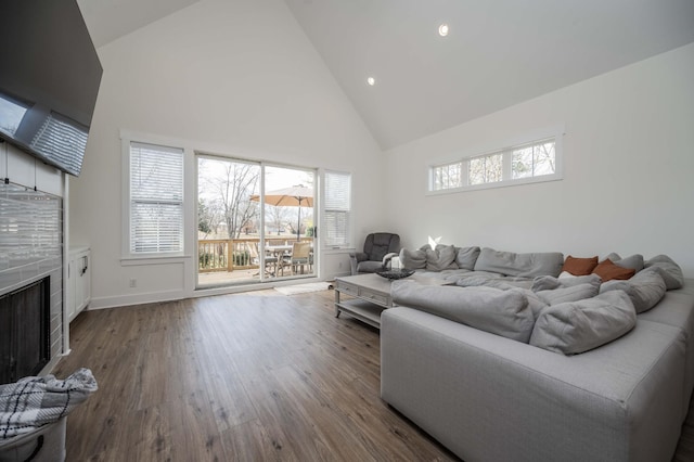 living room with wood-type flooring, high vaulted ceiling, and a fireplace