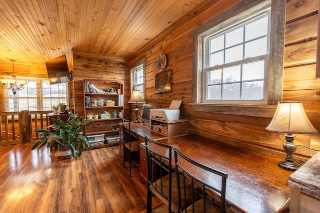 dining room with wood ceiling, wooden walls, hardwood / wood-style floors, and a notable chandelier