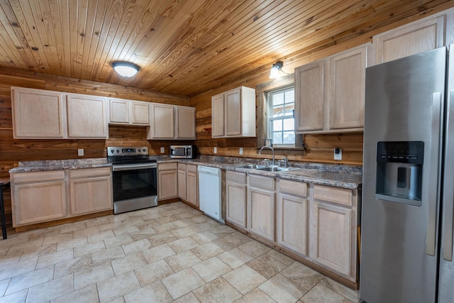 kitchen featuring sink, wood ceiling, light brown cabinets, and appliances with stainless steel finishes