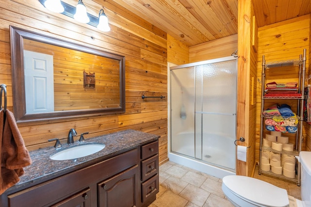 bathroom with wood ceiling, vanity, a shower with door, and wood walls