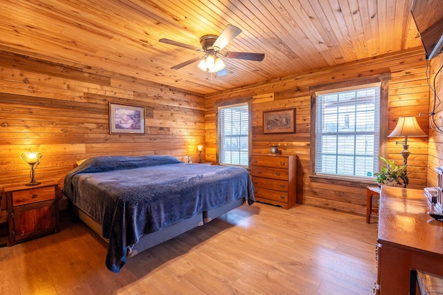 bedroom featuring ceiling fan, wood walls, hardwood / wood-style floors, and wooden ceiling