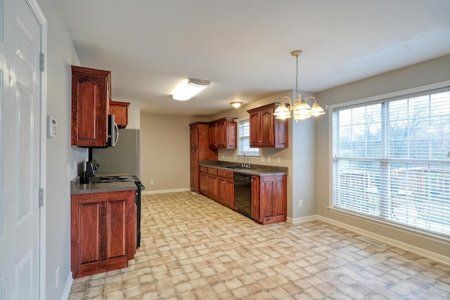 kitchen featuring a wealth of natural light, black dishwasher, sink, a notable chandelier, and electric stove