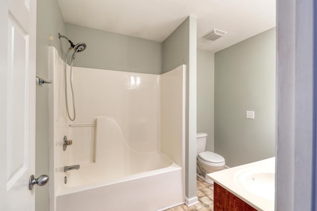 full bathroom with vanity, bathtub / shower combination, and toilet