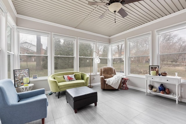 sunroom / solarium featuring plenty of natural light, wooden ceiling, and ceiling fan