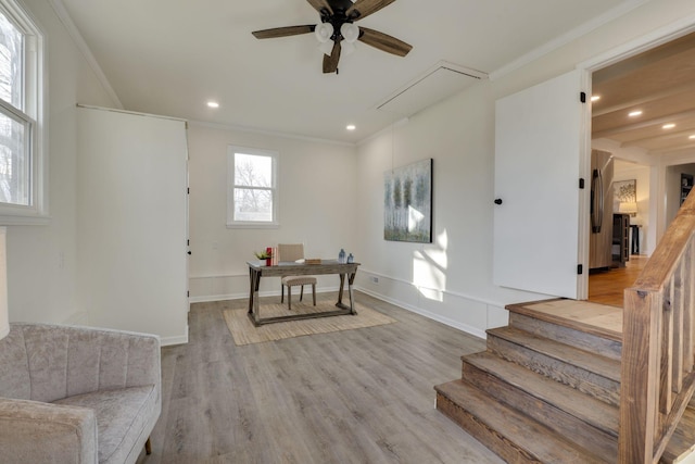 office space featuring ceiling fan, ornamental molding, and light hardwood / wood-style flooring