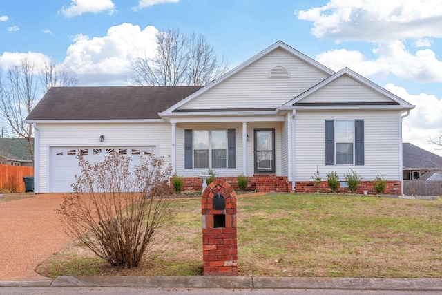 single story home with an attached garage, driveway, fence, and a front yard