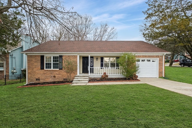 ranch-style home with a porch, a garage, and a front yard