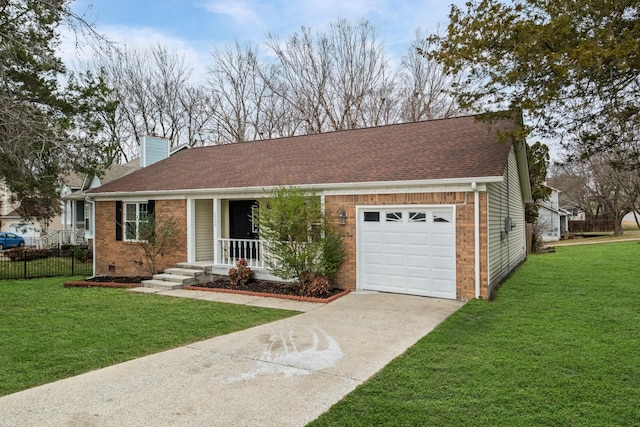 ranch-style home with a garage, a front yard, and a porch