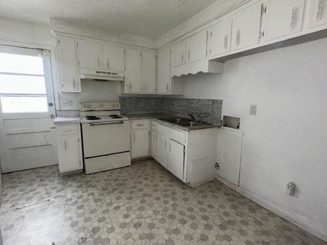 kitchen featuring white cabinetry, sink, tasteful backsplash, and white electric range oven