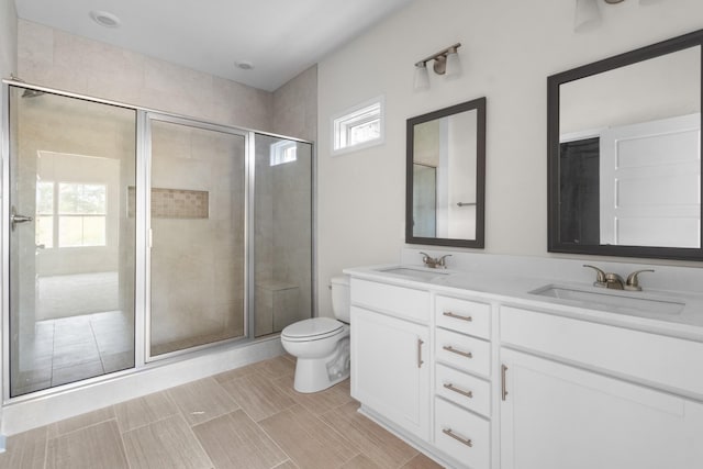 bathroom featuring vanity, an enclosed shower, and toilet