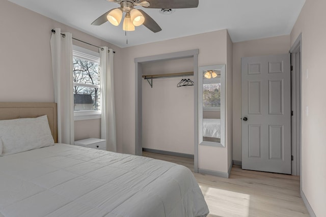 bedroom with ceiling fan and light hardwood / wood-style flooring