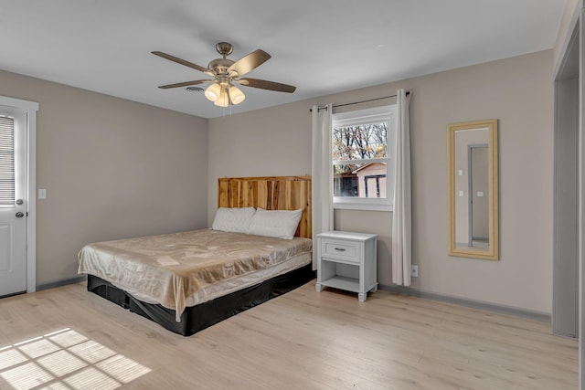 bedroom featuring ceiling fan and light wood-type flooring