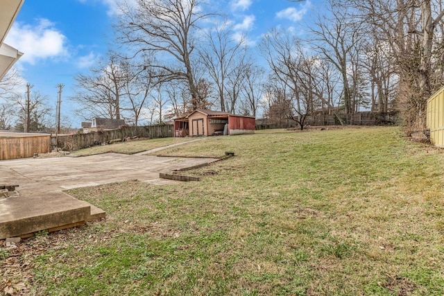 view of yard with a shed and a patio area
